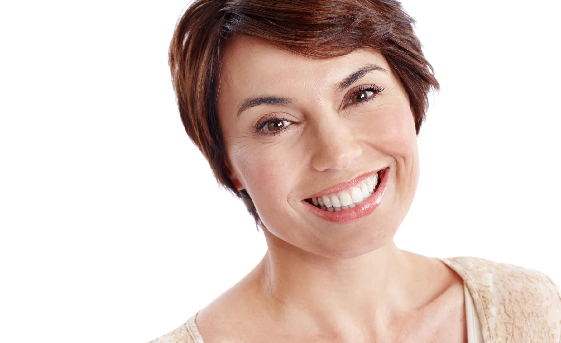A radiant mature woman with short brown hair